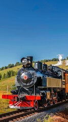Fototapeta premium vintage steam locomotive train traveling through rural landscape on sunny day.