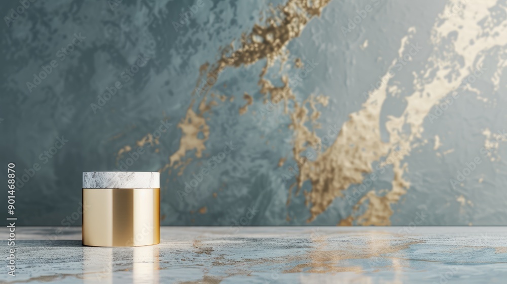 Poster marble and gold texture cylinder product stand with copy space for content design on website banner