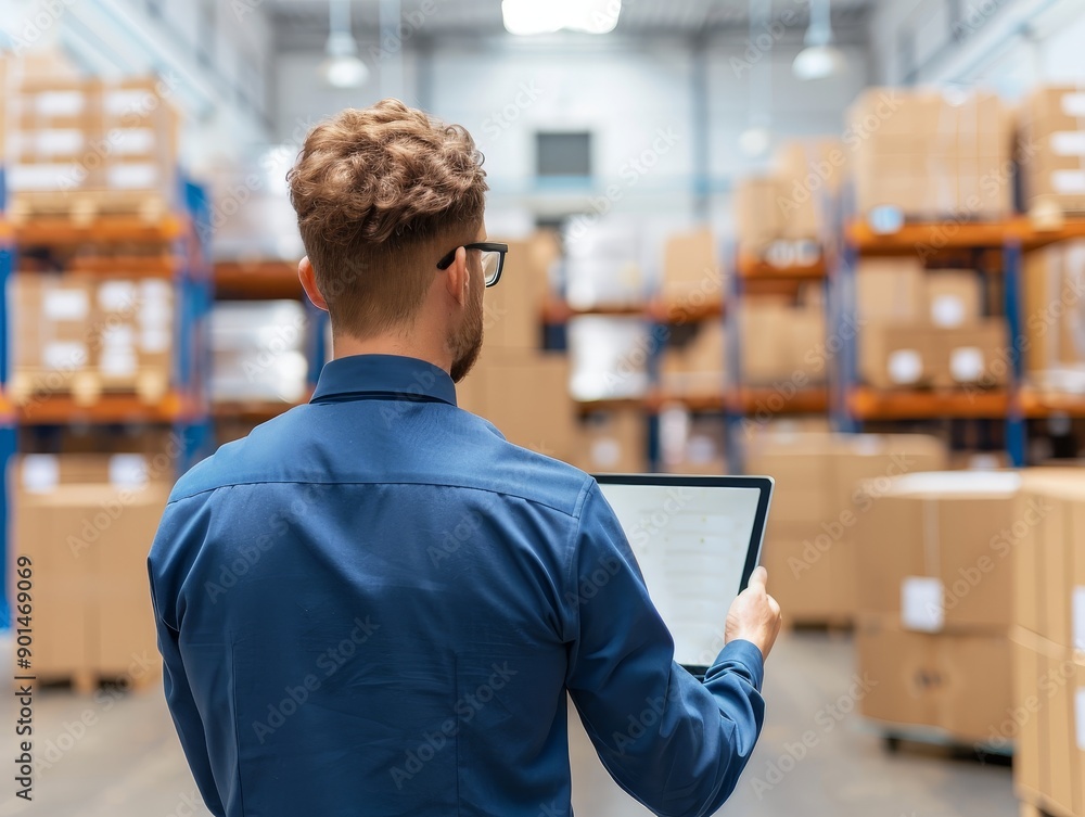 Poster warehouse manager using tablet for inventory management and logistics in a busy distribution center 