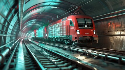 Naklejka premium Green Revolution EcoFriendly Freight Train Embarks on Sustainable Journey through Tunnel of Progress