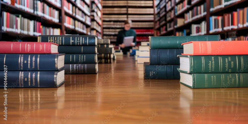 Poster stacks of books in a large library with blurred background of bookshelves and a person studying