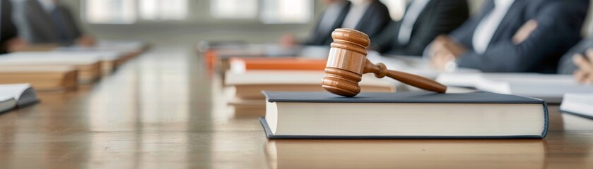 gavel and law books on table with blurry background of lawyers in meeting.