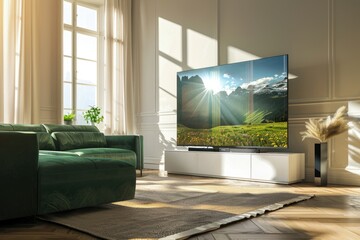 Elegant Living Room With Wall-Mounted Television Set Illuminated By Morning Sunlight