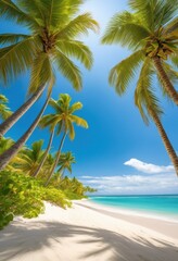 Obraz premium secluded beach turquoise waves crashing sandy shore surrounded lush greenery clear blue sky, tropical, coastline, water, ocean, paradise, serene, tranquil