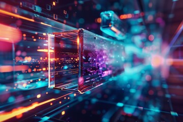 Fototapeta premium Futuristic digital data core, abstract technology background with glowing lines and vibrant colors.
