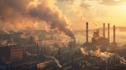 Fototapeta premium Green Energy Awakening Industrial Zone with Steam Plumes and EcoFriendly Technology