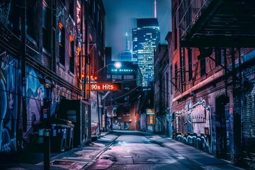 Obraz premium Neon-Lit Alley with Graffiti Under Night Sky