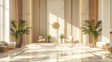 A large, open room with white walls and a white marble fireplace