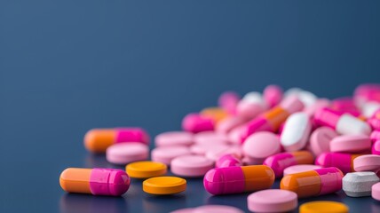 colorful medication pills scattered on blue background - pharmacy, healthcare, medicine, treatment, health, pharmaceutical, drugs, capsule, tablet, wellness