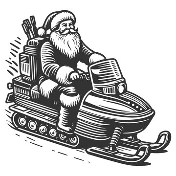 recommend clip art: Santa Claus riding snowmobile, carrying sack of gifts, holiday delivery in winter sketch engraving generative ai fictional character raster illustration. Scratch board imitation. Black and white image