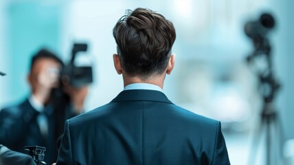 businessman walking away from a group of photographers in a blurred background, corporate leadership, public figure, media attention, business success, public relations, corporate image, corporate wor