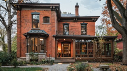 Write about the adaptive reuse of materials in renovating a historic house exterior. Describe salvaged bricks, restored windows,
