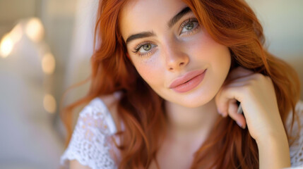 Captivating image of a young redhead woman sitting on a couch, lost in thought while jotting down notes.