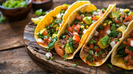 Freshly prepared tacos with vibrant toppings on a rustic wooden table