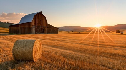 rustic wooden barn in golden field at sunset with hay bale in foreground and distant mountain range