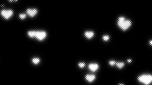 Abstract halftone white dot hearts raining falling down loop background on black, monochrome retro valentine overlay 4k video