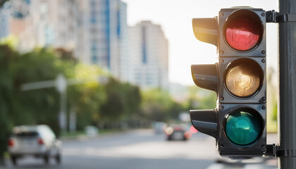 Traffic light and blurred street road on backdrop. Transport, travel, destination, stop concept.