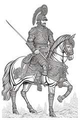 Fototapeta premium coloring book Hussar warrior, full body, hand drown line art