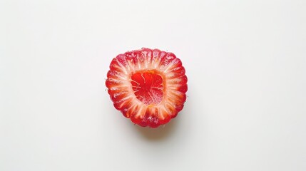 A slice of raspberry, halved to reveal its core, vividly set against a white backdrop. 