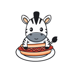 Simple illustration of cute zebra eating a meatball sub with marinara sauce