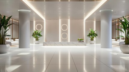 A large, open lobby with white walls and a white floor