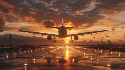 Airplane Landing at Sunset