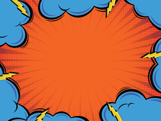 orange comic book background yellow flashes and blue clouds vector illustration in pop art style cartoon retro halftone effect