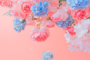 big flying roses and peonies in pastel pastel pink colors and blue hydrangeas on a pastel pink background