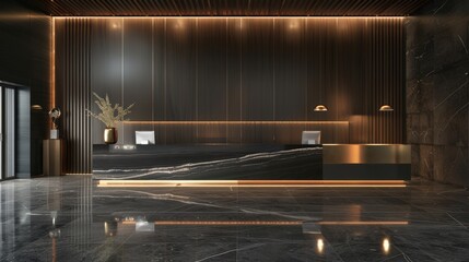 A modern hotel lobby with a black marble floor and a black wall