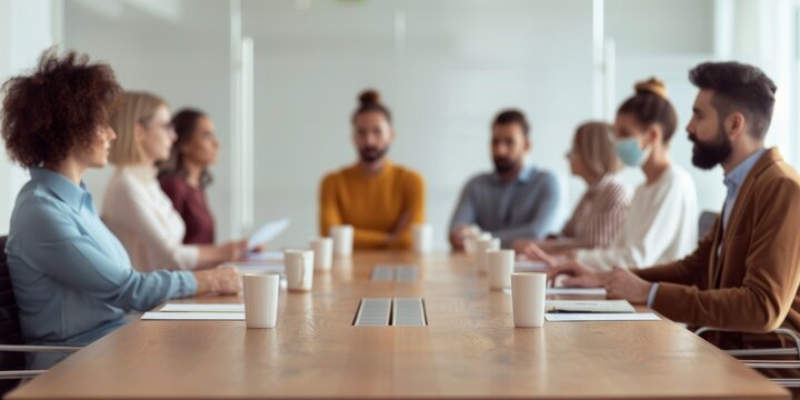 business meeting in a modern office with diverse team members and face masks, blurred background, focus on table and coffee mugs
