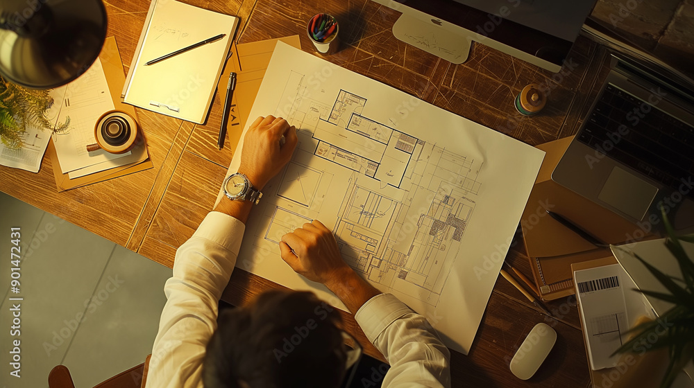 Poster an engineer working on blueprints of a project in modern office