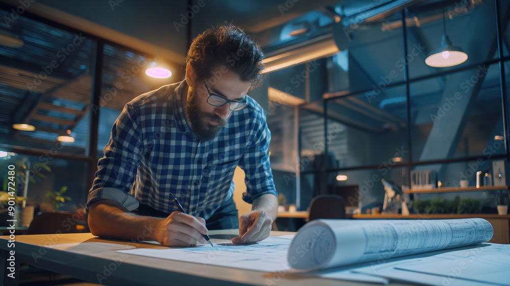 Poster an engineer working on blueprints of a project in modern office