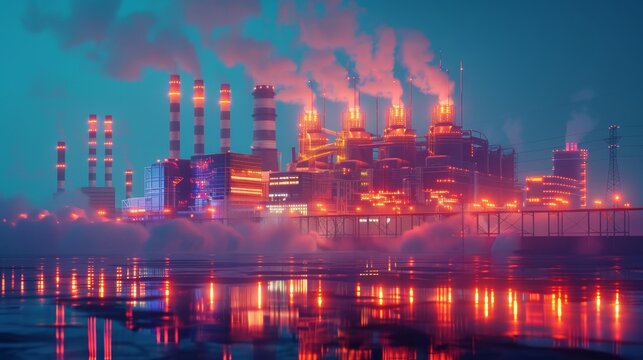 Ecological Elegance Sustainable Power Plant Illuminated by Neon Lights and GWP Index