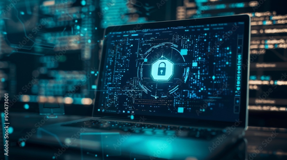 Aufkleber write about the cybersecurity measures necessary when using a laptop in an office environment. descr