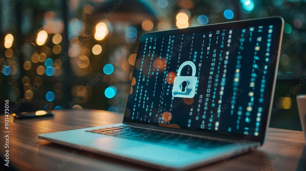 Aufkleber write about the cybersecurity measures necessary when using a laptop in an office environment. descr