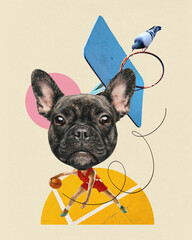 Contemporary art collage. Bulldog-headed basketball player dribbling on court against beige...