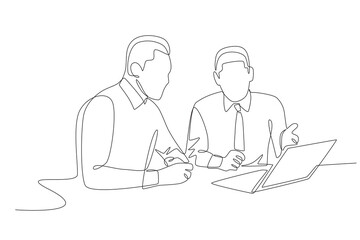 Two employees are discussing a briefing. Business briefing concept one-line drawing