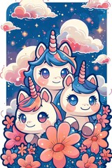 Fototapeta premium Three Cute Unicorns In A Flower Garden Under A Starry Night Sky