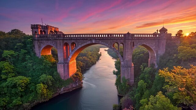 Video footage of arched bridge spanning over a river during sunset. The sky is painted with hues reflecting on the water