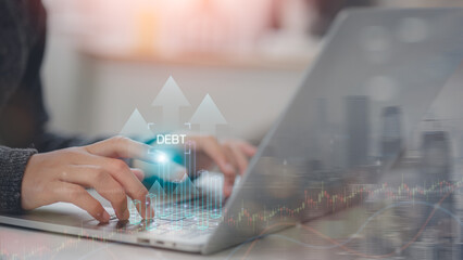 Debt growth on a virtual screen. The financier draws a rating for debt obligations. Concept -...