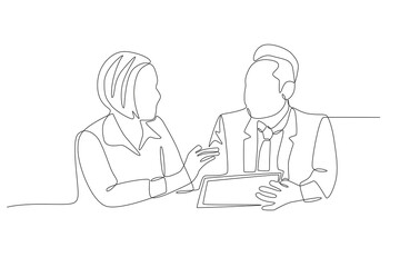 Two employees are briefing. Business briefing concept one-line drawing