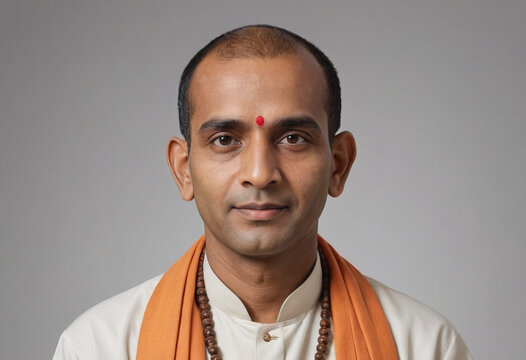Portrait view of a regular Brahmin Priest , candid, social media, avatar image, plain solid background