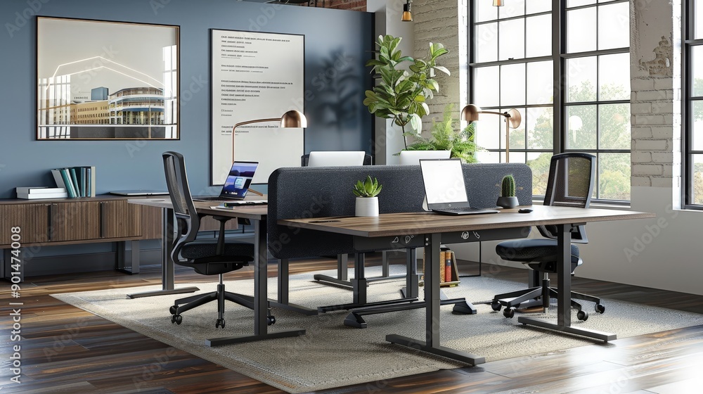 Poster write about the evolution of workspace design trends with laptops on tables. describe open-concept l