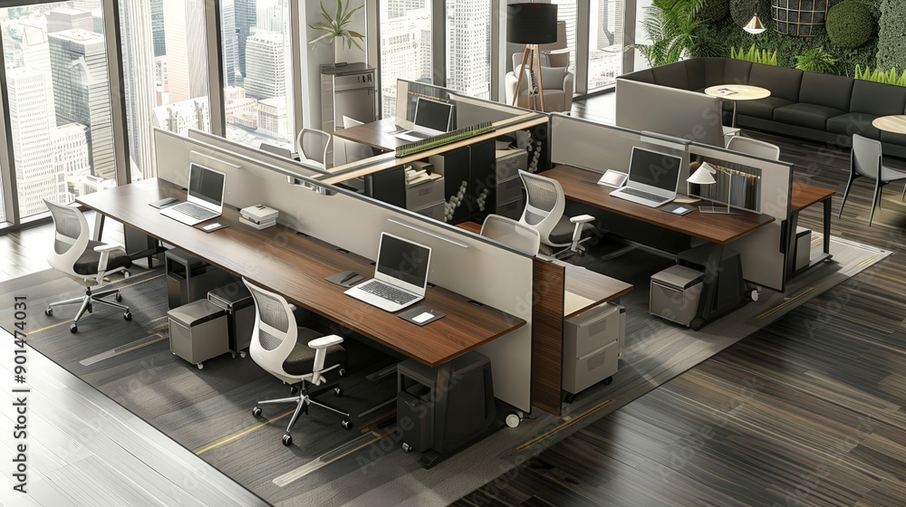 Poster write about the evolution of workspace design trends with laptops on tables. describe open-concept l