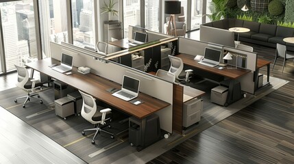 Write about the evolution of workspace design trends with laptops on tables. Describe open-concept layouts, flexible workspaces,