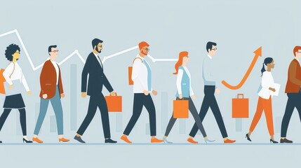 Illustration of diverse professionals walking in line, symbolizing teamwork and business growth, with rising graphs in the background.