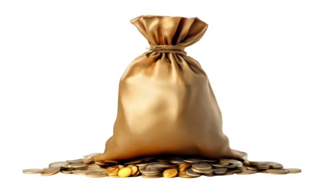 Golden bag filled with coins, symbolizing wealth and prosperity isolate on transparent background, cutout, png 
