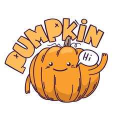 Smiling orange pumpkin greets and says Hi. Hand drawn vector illustration on a white background