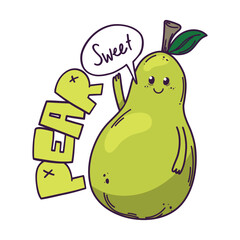 Smiling green pear greets and says Sweet. Hand drawn vector illustration on a white background