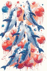 Playful Dolphins Surrounded by Colorful Spheres